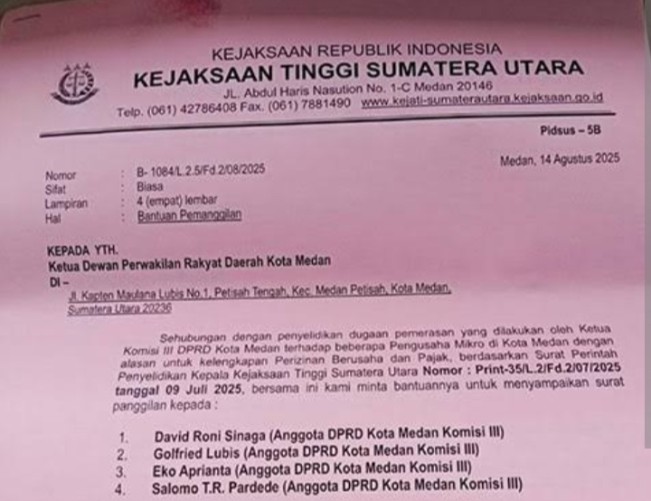 Ilustrasi surat pemanggilan Kejatisu yang ditujukan kepada 4 anggota DPRD Medan. [Tangkapan Layar]